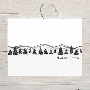 Tarjetas de pino, tarjetas personalizadas de montaña, papelería personalizada, escena, paisaje, papelería navideña, árboles perennes, regalo