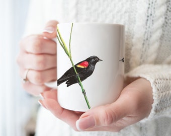 Blackbird mug, can be personalized, name mug, red winged blackbird, bird coffee cup