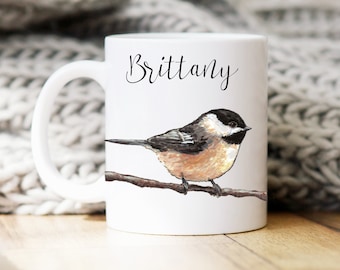 Chickadee mug, can be personalized, custom name mug, nature, bird lover gift, black capped chickadee, Carolina chickadee