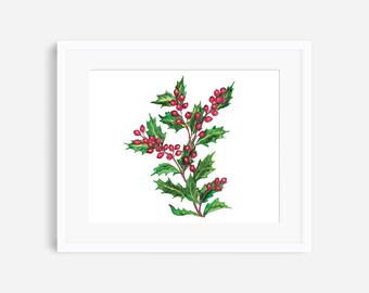Puede incluir: Pintura a la acuarela de una rama de acebo con hojas verdes y bayas rojas, enmarcada en blanco. La obra de arte es una ilustración botánica, ideal para decoraciones navideñas. La imagen es un primer plano de la rama de acebo.