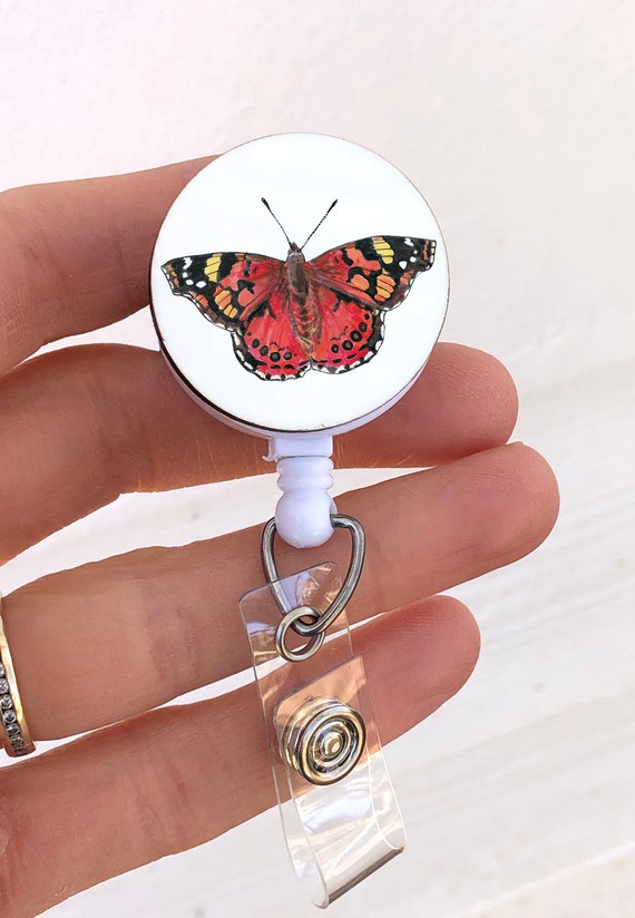 Orange Butterfly Badge Reel, Painted Lady, Butterfly ID Badge Holder, Retractable, Gift for Nurse, Teachers, Medical Tech, Realistic