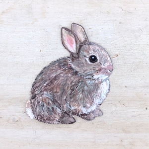 Puede incluir: Un pequeño conejo marrón con pelaje blanco en el pecho y el vientre. El conejo tiene orejas rosadas y ojos negros. El conejo está sentado sobre un fondo de madera clara.