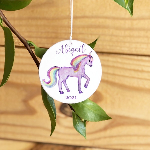 Unicorn ornament, personalized unicorn Christmas tree ornament, light purple unicorn with rainbow mane and tail, customizable, for girls