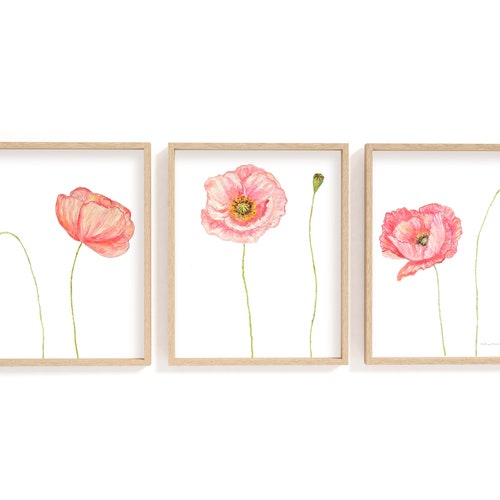 Red Poppy Watercolor Painting Print Set of 3 Flower Print Set Etsy