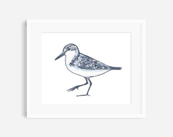 Sandpiper print, blue and white beach print, sandpiper painting, sandpiper wall art, sandpiper decor, beach prints, blue seashore prints