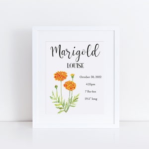 May include: A white framed print with a watercolor illustration of marigold flowers. The print includes the name "Marigold Louise" and the birth details: October 30, 2022, 4:25pm, 7 lbs 6 oz, 19.5" long.