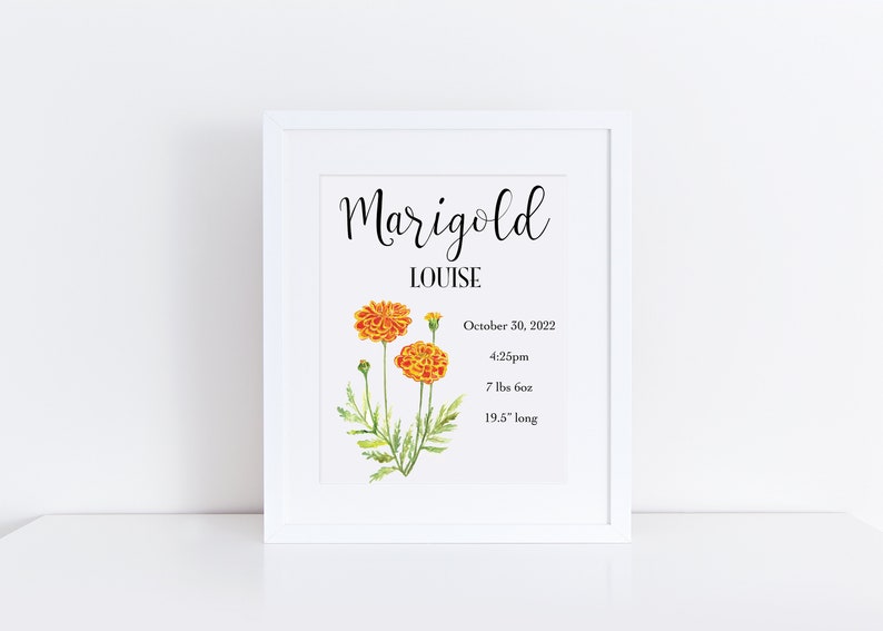 May include: A white framed print with a watercolor illustration of marigold flowers. The print includes the name "Marigold Louise" and the birth details: October 30, 2022, 4:25pm, 7 lbs 6 oz, 19.5" long.