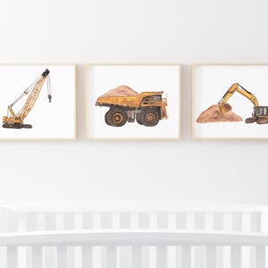 Construction vehicle prints, crane, dump truck, excavator, set of 3, boys room construction wall decor, vehicle kids playroom, nursery