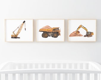 Construction vehicle prints, crane, dump truck, excavator, set of 3, boys room construction wall decor, vehicle kids playroom, nursery