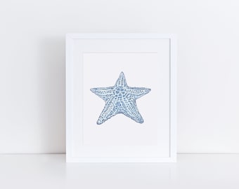 Blue starfish, starfish decor, starfish print, starfish painting, beach print, blue seashell print, nautical blue, beach house wall decor