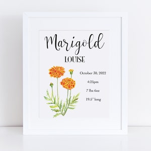 Marigold birth flower name sign, October birth flower print, personalized birth stats sign, for nursery, baby girl, watercolor nursery art