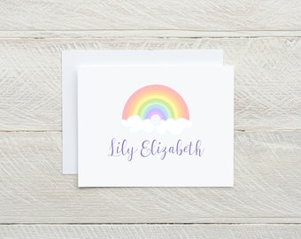 Rainbow stationery, pastel rainbow personalized notecards, cute little girl stationery, soft colored rainbow, folded cards with envelopes