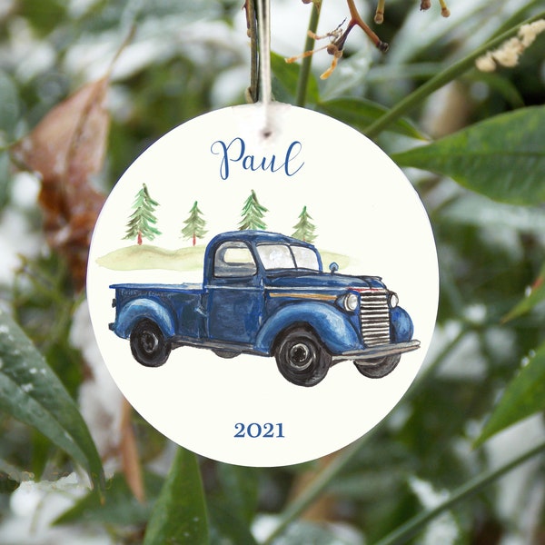 Personalized blue truck ornament, little blue truck, vintage style pickup, gift for boys, boys' Christmas tree ornaments, classic vehicle