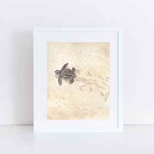 May include: A watercolor painting of a baby sea turtle crawling on a sandy beach. The turtle is small and has a dark brown shell with light brown markings. The sand is light brown and has a textured appearance.