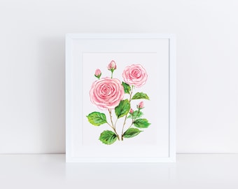 Rose print, June birth flower print, pink roses painting, flower nursery art, June birthday gift, Mother's day, June baby, June wedding