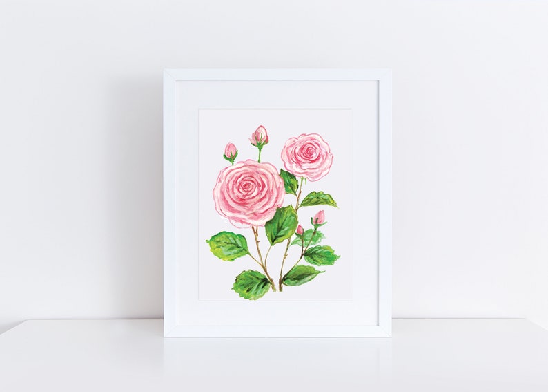 Op de afbeelding: Een ingelijst aquarel schilderij van roze rozen met groene bladeren en knoppen. De rozen staan in volle bloei en hebben een delicate, romantische uitstraling.