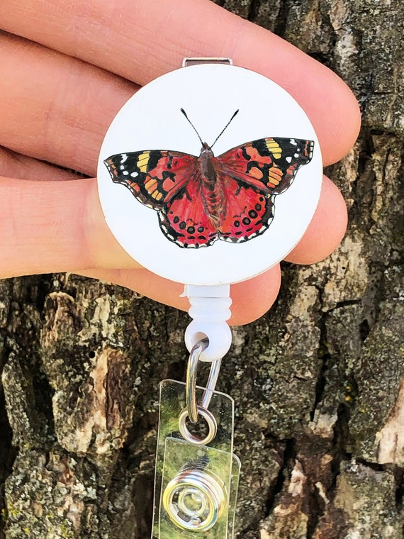 Orange Butterfly Badge Reel, Painted Lady, Butterfly Id Badge Holder,  Retractable, Gift for Nurse, Teachers, Medical Tech, Realistic 