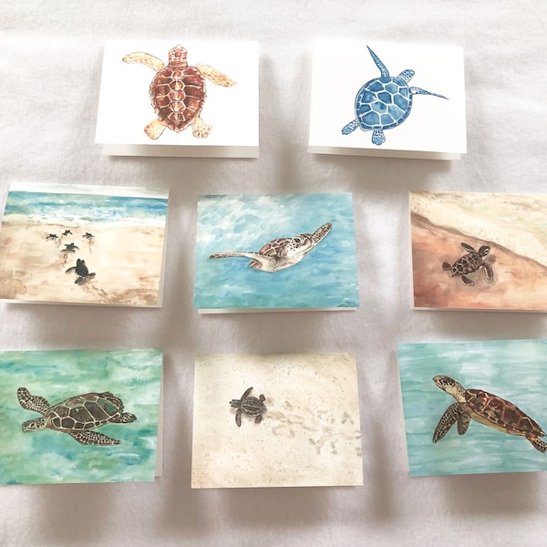 Sea turtle notecards, eight cards with envelopes, stationery pack, 5.5"x 4.25", watercolor beach cards