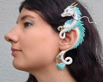 Handmade Haku dragon Ear Cuff Made of Flexible Polymer Clay, Fantasy Jewelry (LEFT Ear)
