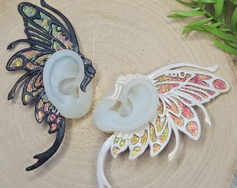Bijou d'oreille effet vitrail, pâte polymère flexible faite main, bijoux féeriques sans piercing