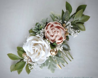Spring Floral Comb, Off White Blush Gold, Peony and Rose, Adult Headpiece, Bridal Hairpiece, Boho Wedding Hair Accessory