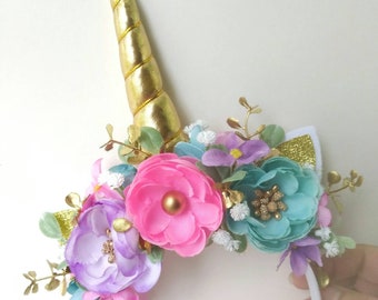 Unicorn Flower Headband, Floral Crown, Girls Birthday, Halloween Costume, Photo Prop, Pink Purple And Blue, Hair Accessories, Gold Horn