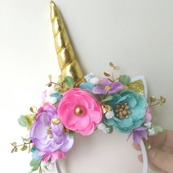 Unicorn Flower Headband, Floral Crown, Girls Birthday, Halloween Costume, Photo Prop, Pink Purple And Blue, Hair Accessories, Gold Horn