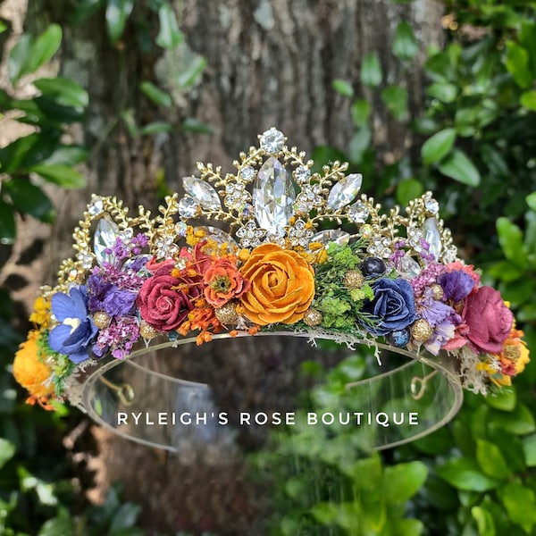 Autumn Rainbow Tiara, Jewel Toned Floral Crown, Dried flowers, Wedding Accessory, Birthday Crown, Fall Flowers, Rhinestone Tiara, Photo Prop