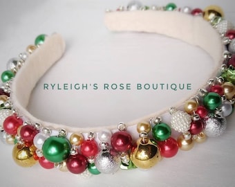 Beaded Christmas Headband, Red, Green, Gold, Silver, Pearl Party Crown, Holiday Hair Accessories, Stocking Stuffer, For Girls, Teens, Adults
