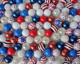 24 Piece USA Mix, 20mm Chunky Bubble Gum Bead Kit, 4th of July Theme, Birthday Party Activity, Red White and Blue