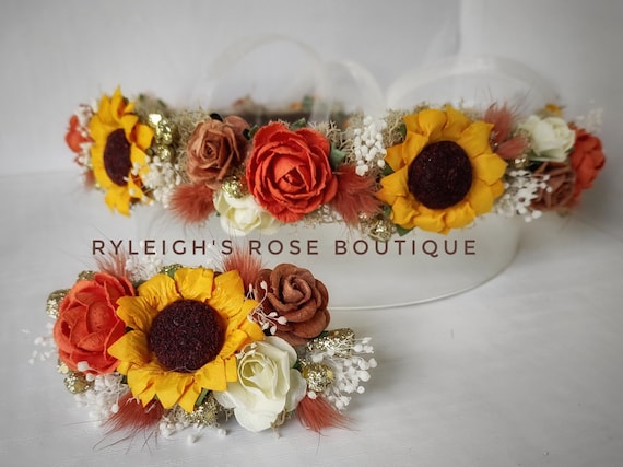 Sunflower Crown, Autumn Flower Headband, Burnt Orange, Ivory  display picture 3