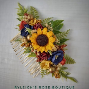 Dainty Fall Floral Comb, Mustard Burgundy Navy, Sunflower, Adult Headpiece, Bridal Hairpiece, Autumn Wedding Hair Accessory, Yellow Red Blue