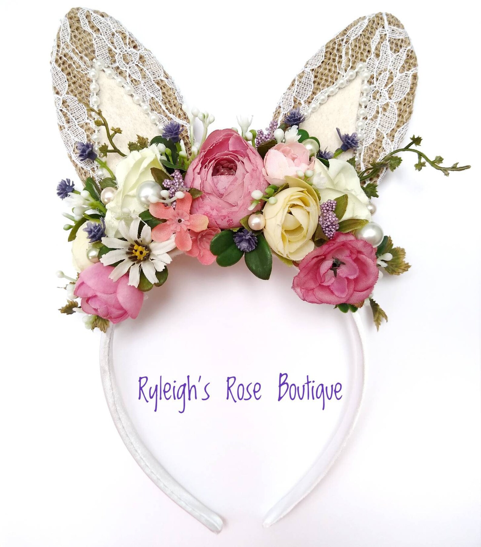 Floral Bunny Ears, Rustic Rabbit Headband, Easter Photo Prop, Pink ...