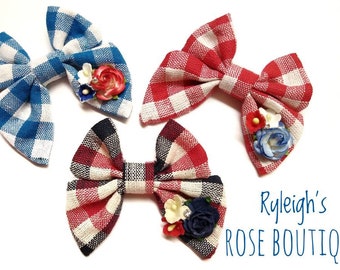 Patriotic Hair Bows, USA Hair Clips, Red, White, Blue, July Pigtails, 3 Inch Sailor Bows, For Girls, Baby, Toddler