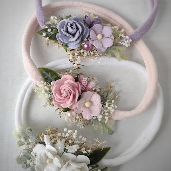 Dainty Baby Headband Set, Spring Flower Crowns, Easter Accessories, Baby Shower Gift, Pink, Purple, White, Nylon Elastic, For Girls