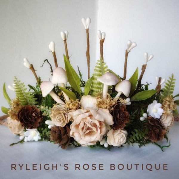 Diadème de fée des fleurs, bandeau floral princesse, casque cottage, nymphe des bois, accessoire photo, couronne champignon, couleurs neutres