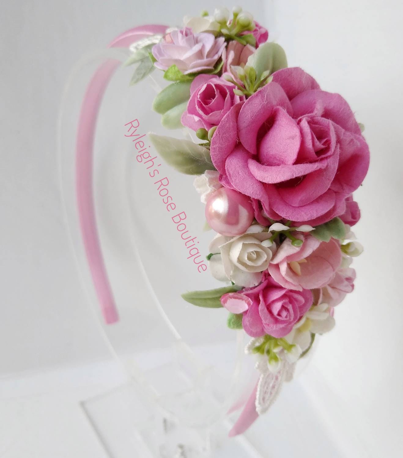 Pink Flower Headband, Rose and Lace Crown, Girls Photo Prop, Hard Headband, For Toddlers, Children, Teens, Adults