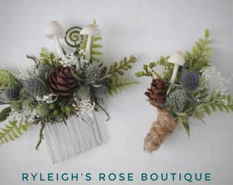 Rustic Floral Comb, Woodland Mushroom, Wedding Hairpiece, Fairy and Elven, Boutonniere, Thistle, Moss, Pinecone, Fern