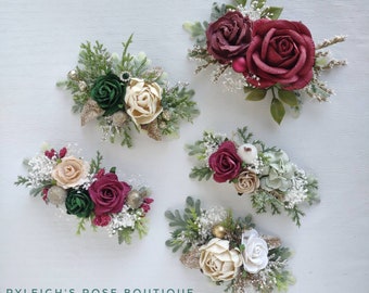 Christmas Flower Hair Clips, Red Green, Winter Accessories For Girls, Toddler, Child, Teen, Adult, White, Silver, Gold, Headband