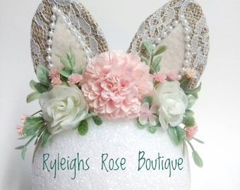 Bunny Ear Headband, Blush Pink Flowers, Rabbit Ears, Floral Crown, Easter Photo Prop, For Baby, Toddler, Kid, Teen, Adult