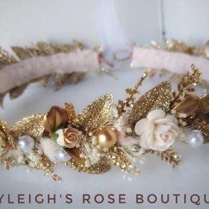 Christmas Flower Crown, Gold Leaf Headpiece, Winter Hair Accessory, Ivory, Pearl, Baby's Breath, Full Floral Adjustable Halo, For Girls