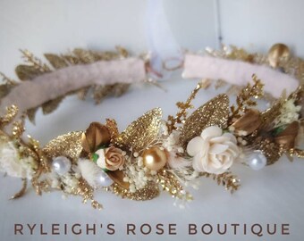 Christmas Flower Crown, Gold Leaf Headpiece, Winter Hair Accessory, Ivory, Pearl, Baby's Breath, Full Floral Adjustable Halo, For Girls