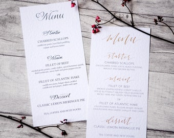 Menus - CLEAN range - hand calligraphy and printing on hammered card