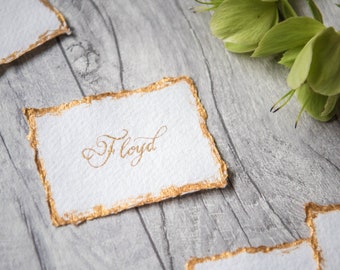 Place cards - GILT range - hand lettered calligraphy on deckled handmade paper with full gold edge