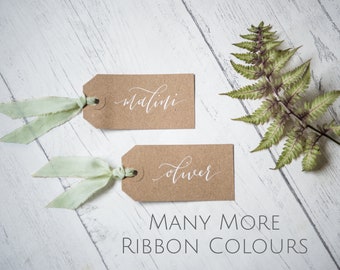 Place cards - EARTH range - hand lettered modern calligraphy on luggage tags with hand dyed 100% silk ribbon