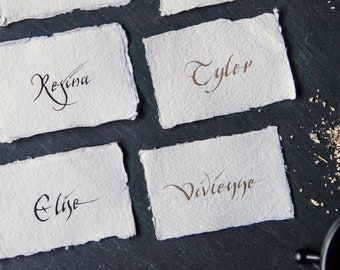 Place cards - COTTON range - hand lettered calligraphy on handmade paper with deckled edges - Archaic script