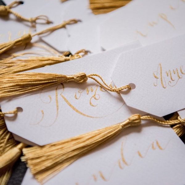 Tassel place cards (other colours available) - CLEAN range - hand lettered modern calligraphy on hammered card