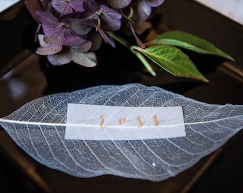 Place cards - ivory leaf skeletons with gold hand calligraphy on vellum