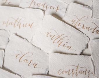 Place cards - COTTON range - gold hand lettered modern calligraphy on handmade paper with deckled edges