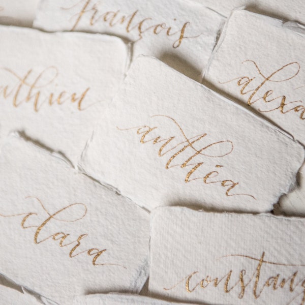 Place cards - COTTON range - gold hand lettered modern calligraphy on handmade paper with deckled edges